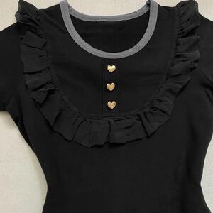 Black Ruffle Short Sleeve Tee with Gold Heart Buttons